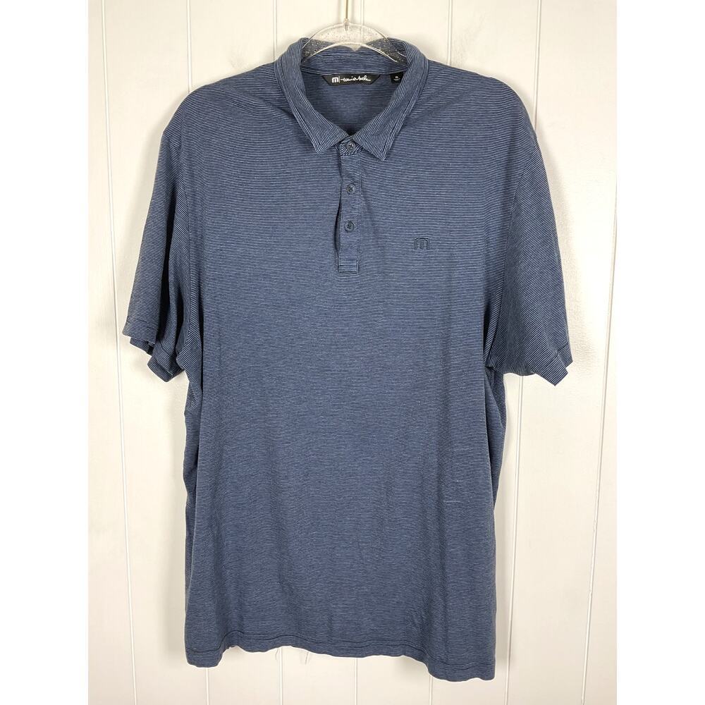 Travis Matthews Navy Striped Collared Short Sleeve Shirt Cotton/Model Size XL‎